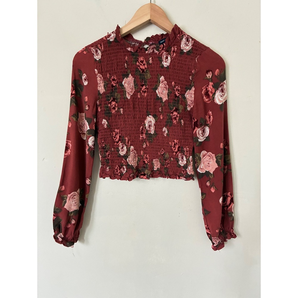 Heart & Hips Burgundy Floral Smocked Mock Neck Crop Top Long Sleeve SBoho